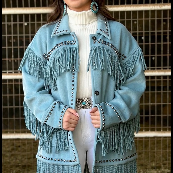 Jackets & Blazers - Fringed Studded Light Blue Women’s Western Coat
